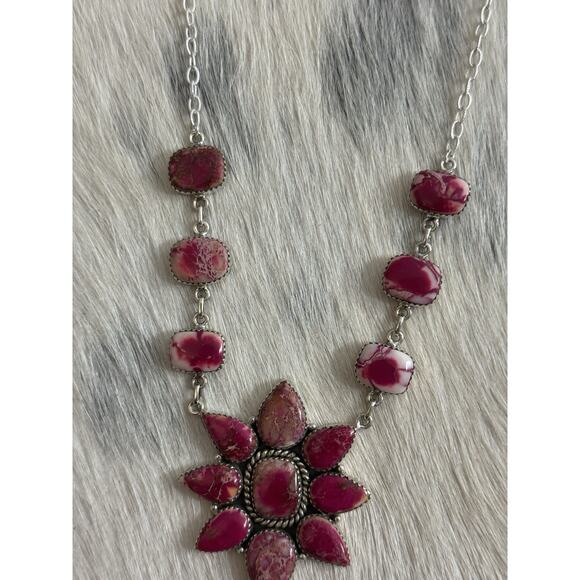 Native American SW Sterling Silver Pink Red Jasper Huge Cluster Necklace Lariat - Picture 13 of 16